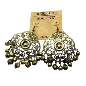 Rebecca Malone Earrings Beaded Fringe Boho Style Antique Gold Tone New